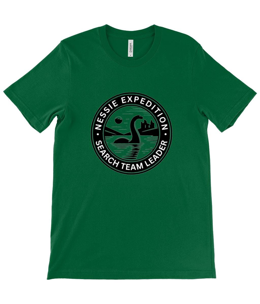 Scottish Mythology T-Shirt Design - A captivating design celebrating Scottish folklore with an image of Nessie, the mythical creature from Loch Ness, and Urquhart Castle under the moonlight.