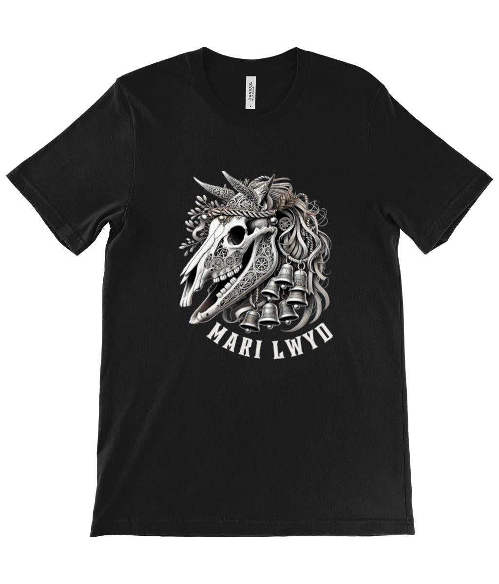 Detailed Mari Lwyd horse skull t-shirt design with festive bells and ribbons, inspired by Welsh mythology. The t shirt is available in black, teal, navy or forest green and sizes x small to 2 x large