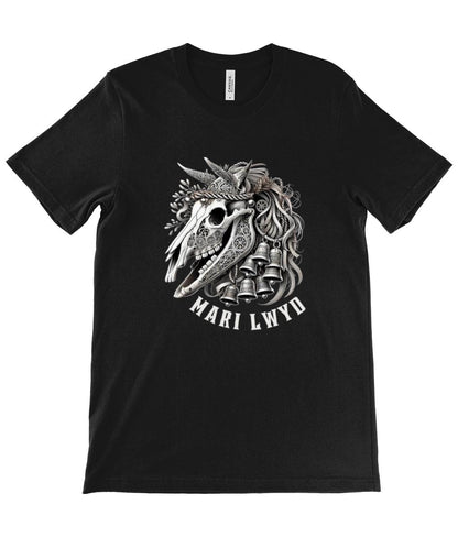 Detailed Mari Lwyd horse skull t-shirt design with festive bells and ribbons, inspired by Welsh mythology. The t shirt is available in black, teal, navy or forest green and sizes x small to 2 x large