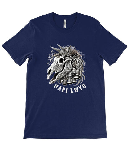 Stylized Mari Lwyd horse skull t-shirt featuring festive ribbons and bells, drawing from traditional Welsh folklore. The tee comes in black, teal, navy, or forest green, with sizes from XS to 2XL.