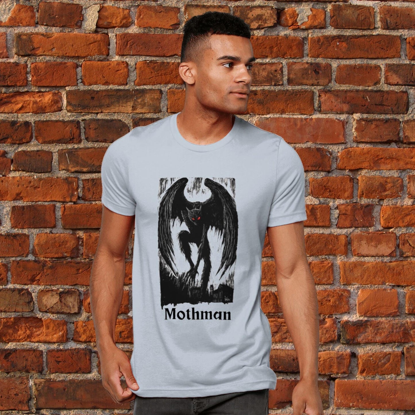 Moth man, large bird with red eyes. Killer moth t-shirt. Silver Bridge, Mason County. T-shirt design.