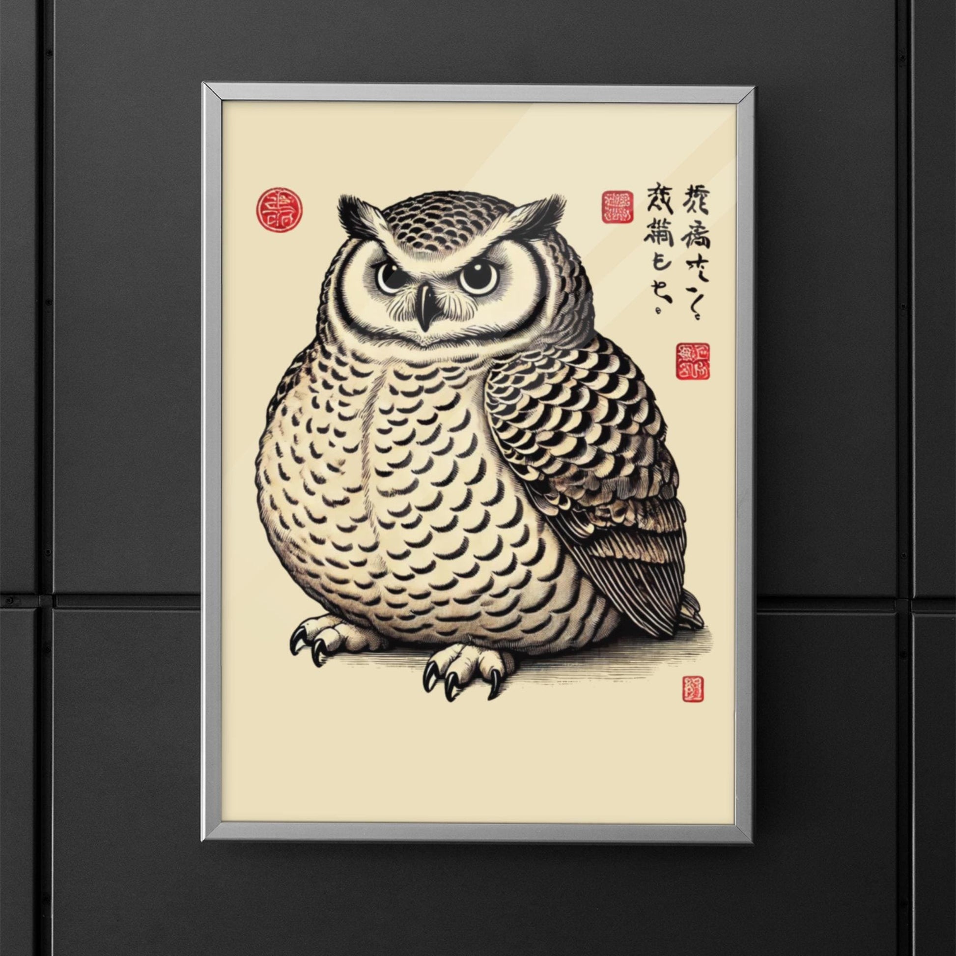 Chubby owl illustration in traditional Japanese woodblock print style, featuring fine linework, textured feathers, and red seal stamps.