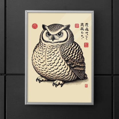 Chubby owl illustration in traditional Japanese woodblock print style, featuring fine linework, textured feathers, and red seal stamps.