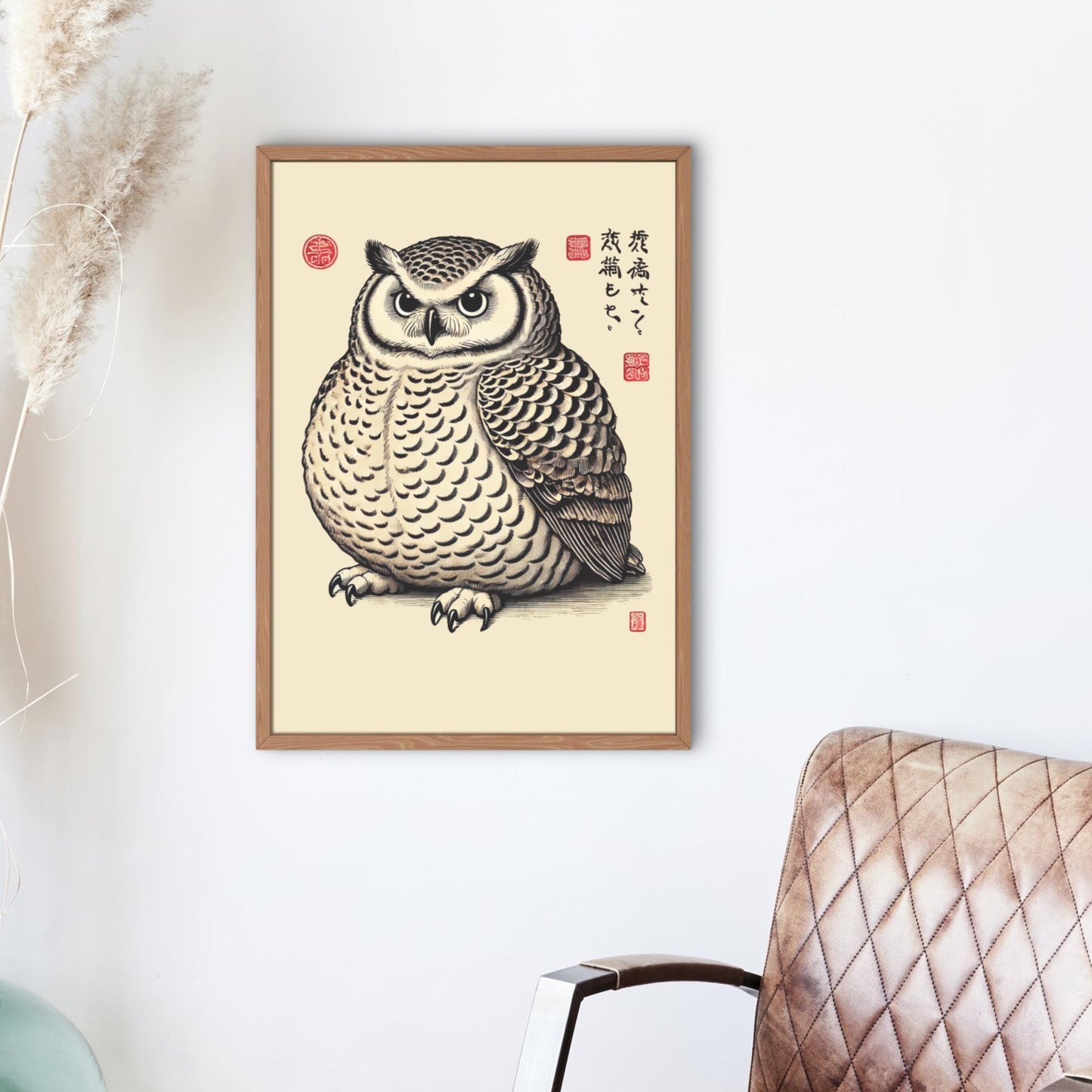 Ukiyo-e inspired print of a round, fluffy owl with prominent eyes, set against a plain background with Japanese text and red seals.