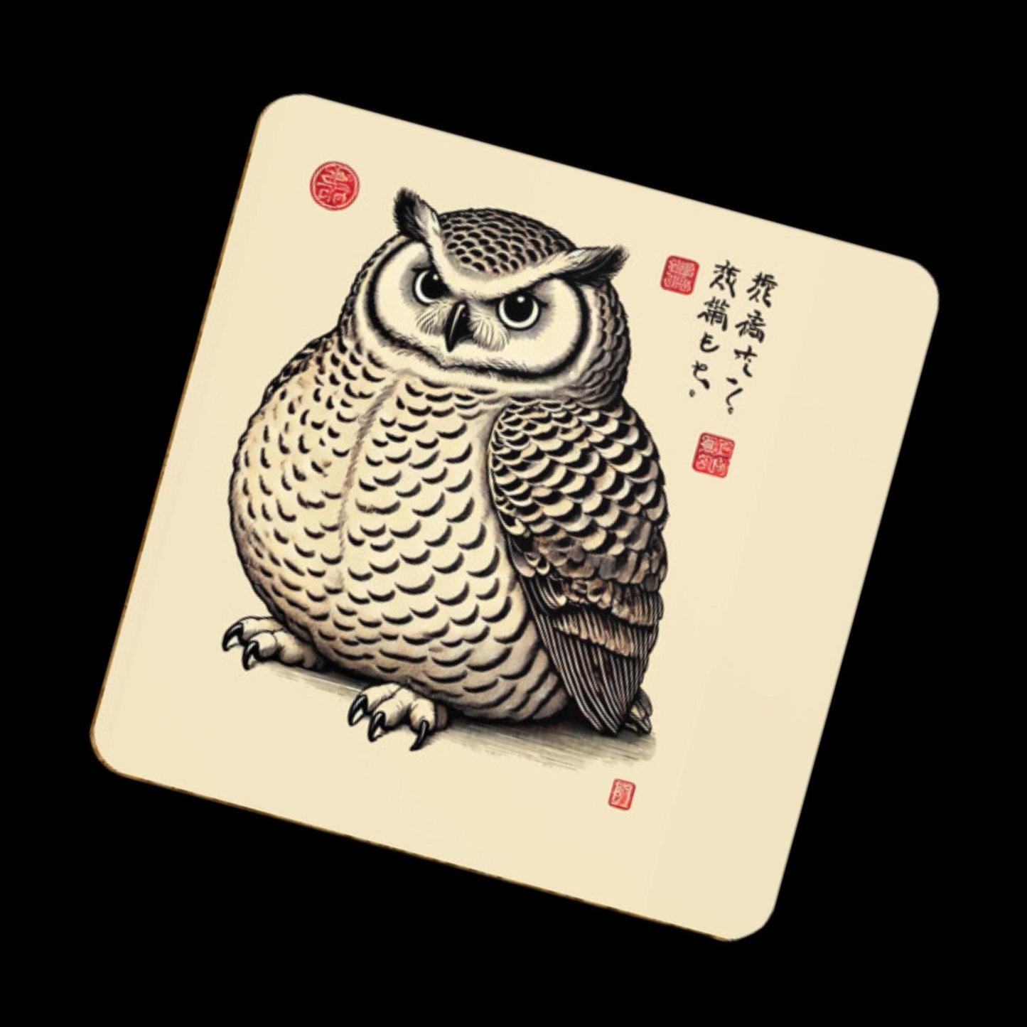 A coaster featuring a plump and expressive owl illustrated in a traditional Japanese art style, with intricate feather patterns and bold eyes. The design is accented by Japanese calligraphy and red seals on a beige background.