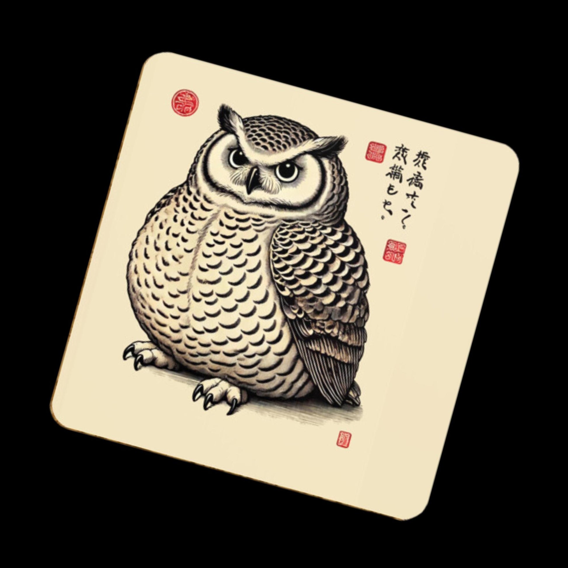 A coaster featuring a plump and expressive owl illustrated in a traditional Japanese art style, with intricate feather patterns and bold eyes. The design is accented by Japanese calligraphy and red seals on a beige background.