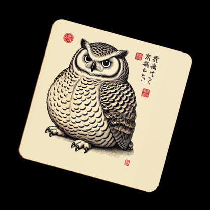 A coaster featuring a plump and expressive owl illustrated in a traditional Japanese art style, with intricate feather patterns and bold eyes. The design is accented by Japanese calligraphy and red seals on a beige background.