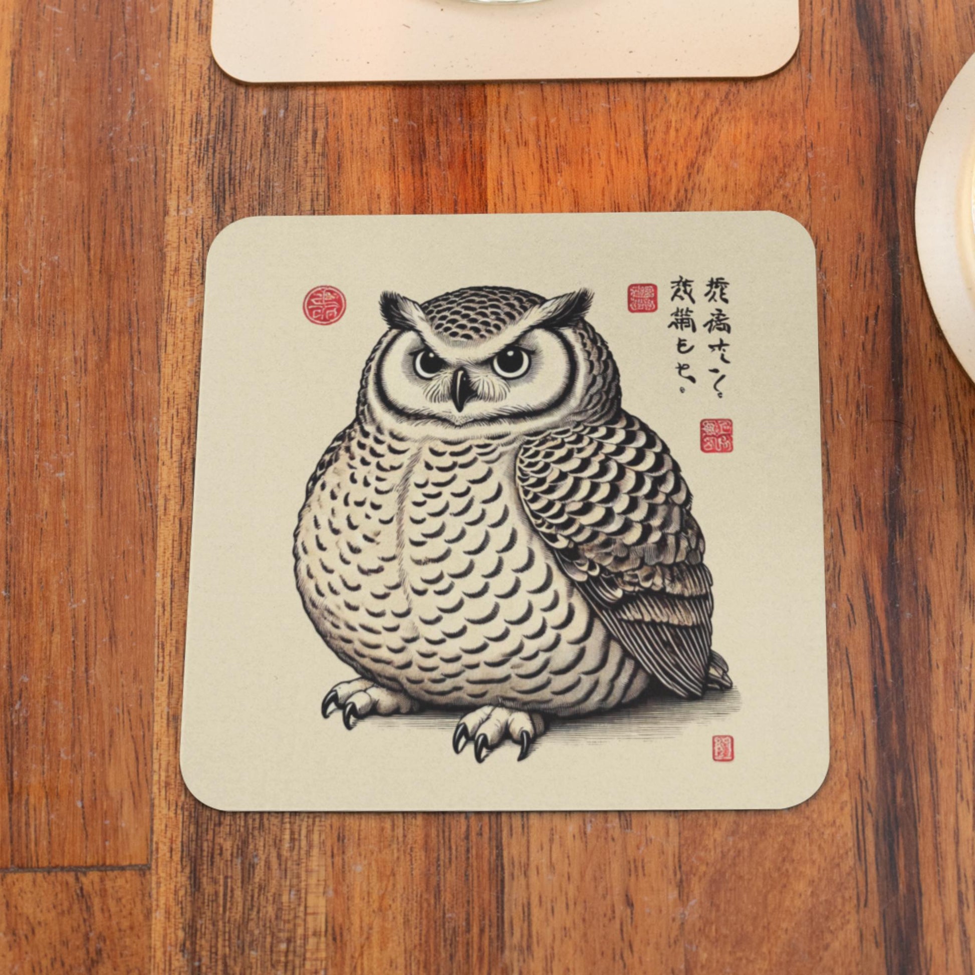 A beige coaster adorned with an owl illustration in a Japanese style, featuring meticulous feather details, striking eyes, and red calligraphy stamps, embodying a blend of artistry and cultural heritage.
