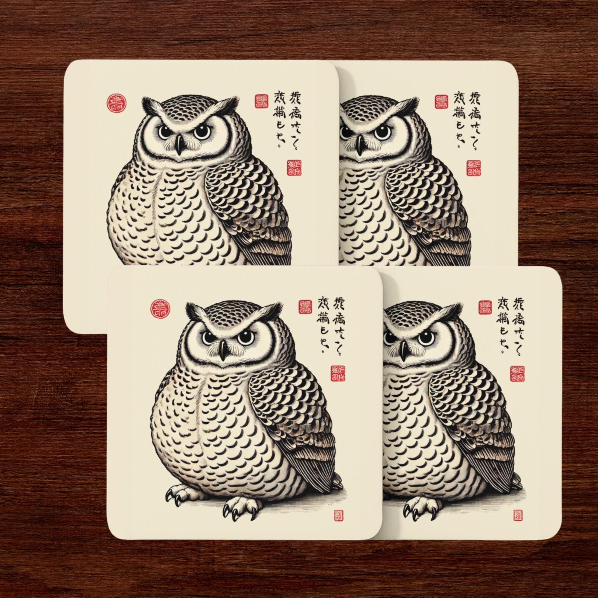 woodcut owls on coasters, ink drawing image, vintage style owls. owl paintings, owl drawings