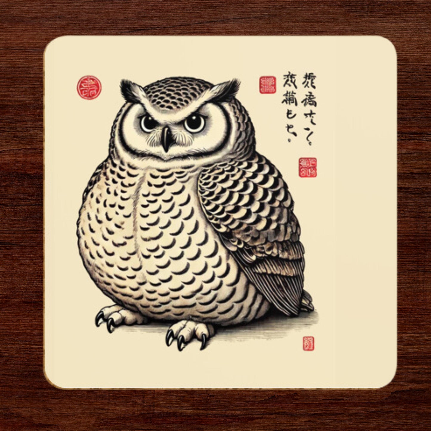 Hand-drawn owl coaster with red seals
Intricate feather pattern owl coaster
Japanese ink style owl design
Unique Japanese-themed coaster set
Nature-inspired Japanese art coaster