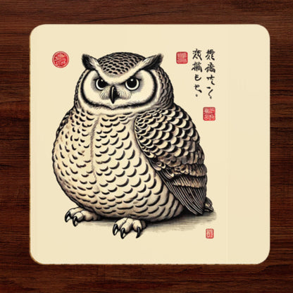 Hand-drawn owl coaster with red seals
Intricate feather pattern owl coaster
Japanese ink style owl design
Unique Japanese-themed coaster set
Nature-inspired Japanese art coaster