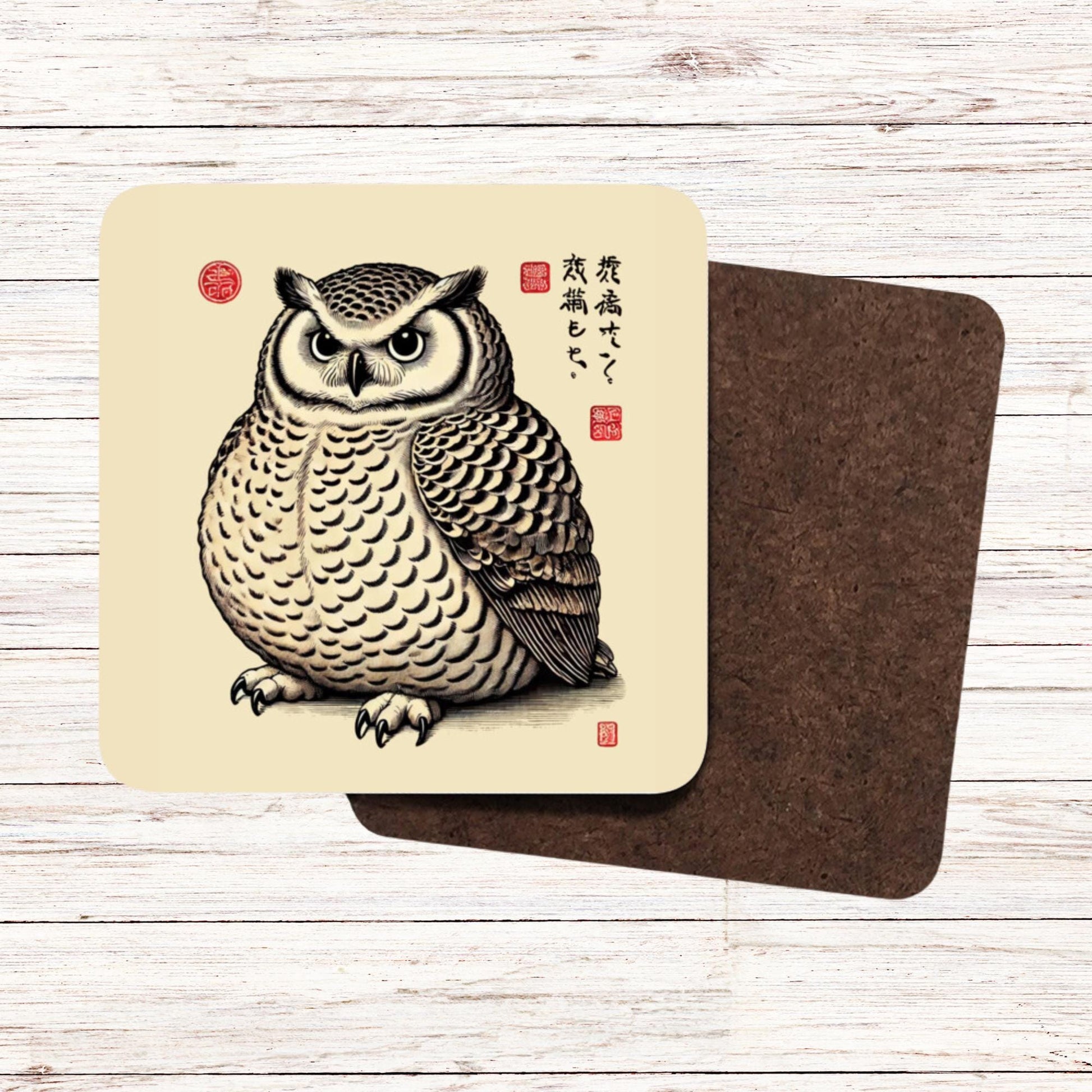 Traditional Japanese owl coaster
Japanese art style coaster set
Owl illustration with Japanese calligraphy
Vintage Japanese woodblock print coaster
Cultural Japanese home decor coaster