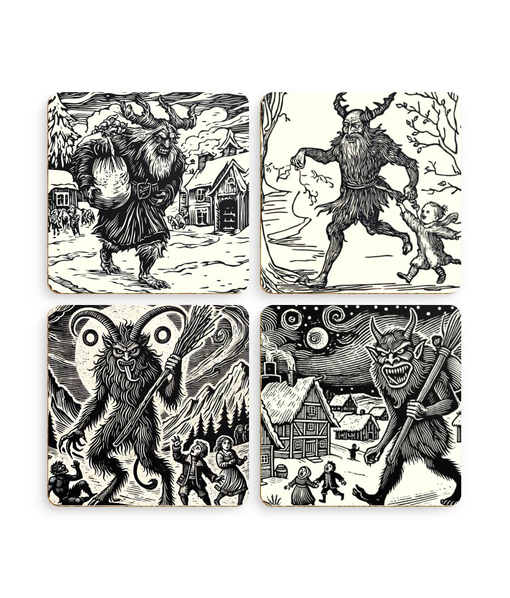 Bad Santa drinks mats, evil Santa coasters. Old woodcuts of Krampus. Christmas Devil.