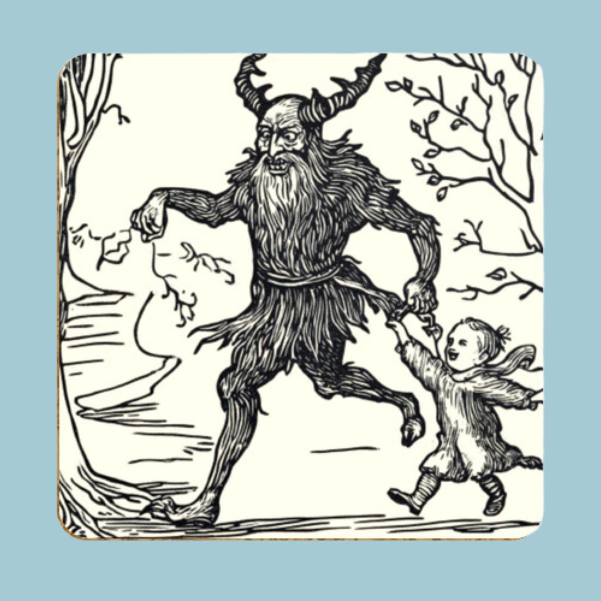 Krampus drinks mats. Central European folklore, Krampus is a horned, anthropomorphic figure who accompanies Saint Nicholas during the Christmas season, and who punishes bad children.