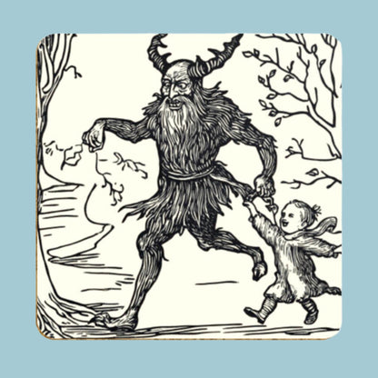 Krampus drinks mats. Central European folklore, Krampus is a horned, anthropomorphic figure who accompanies Saint Nicholas during the Christmas season, and who punishes bad children.