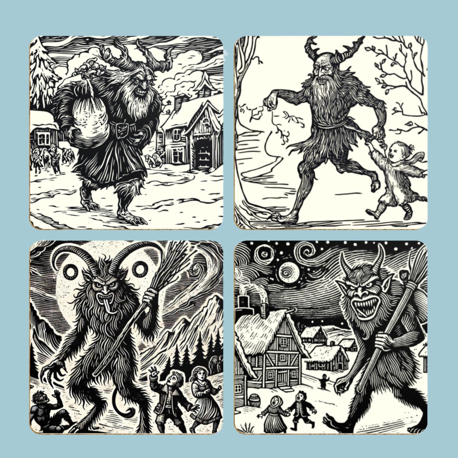 Meet Krampus, the Christmas Devil Who Punishes Naughty Children. Woodcut coasters.