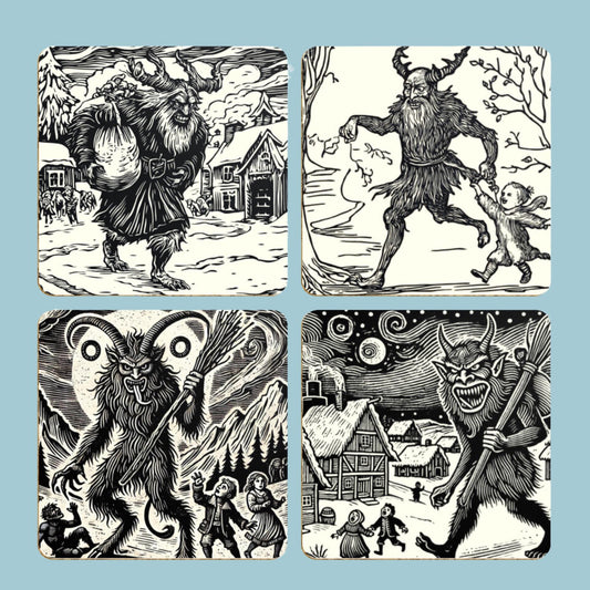 Meet Krampus, the Christmas Devil Who Punishes Naughty Children. Woodcut coasters.