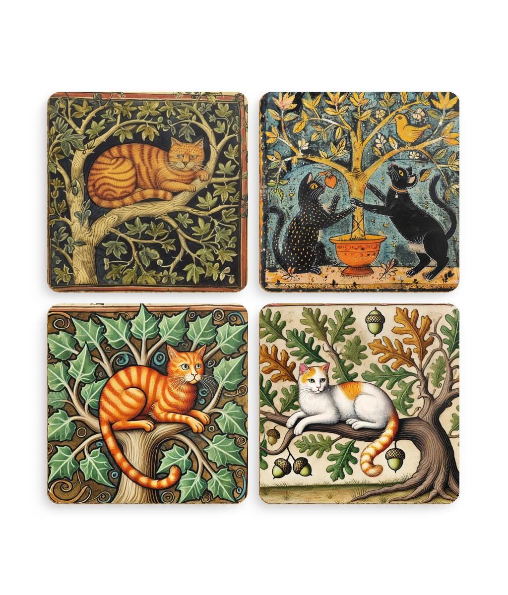 coaster set for cat mom or cat dad. early naive art. cute cat drinks mats. use with your medieval cat mug