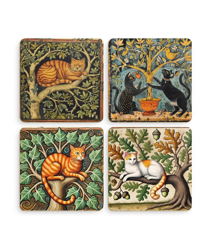 coaster set for cat mom or cat dad. early naive art. cute cat drinks mats. use with your medieval cat mug