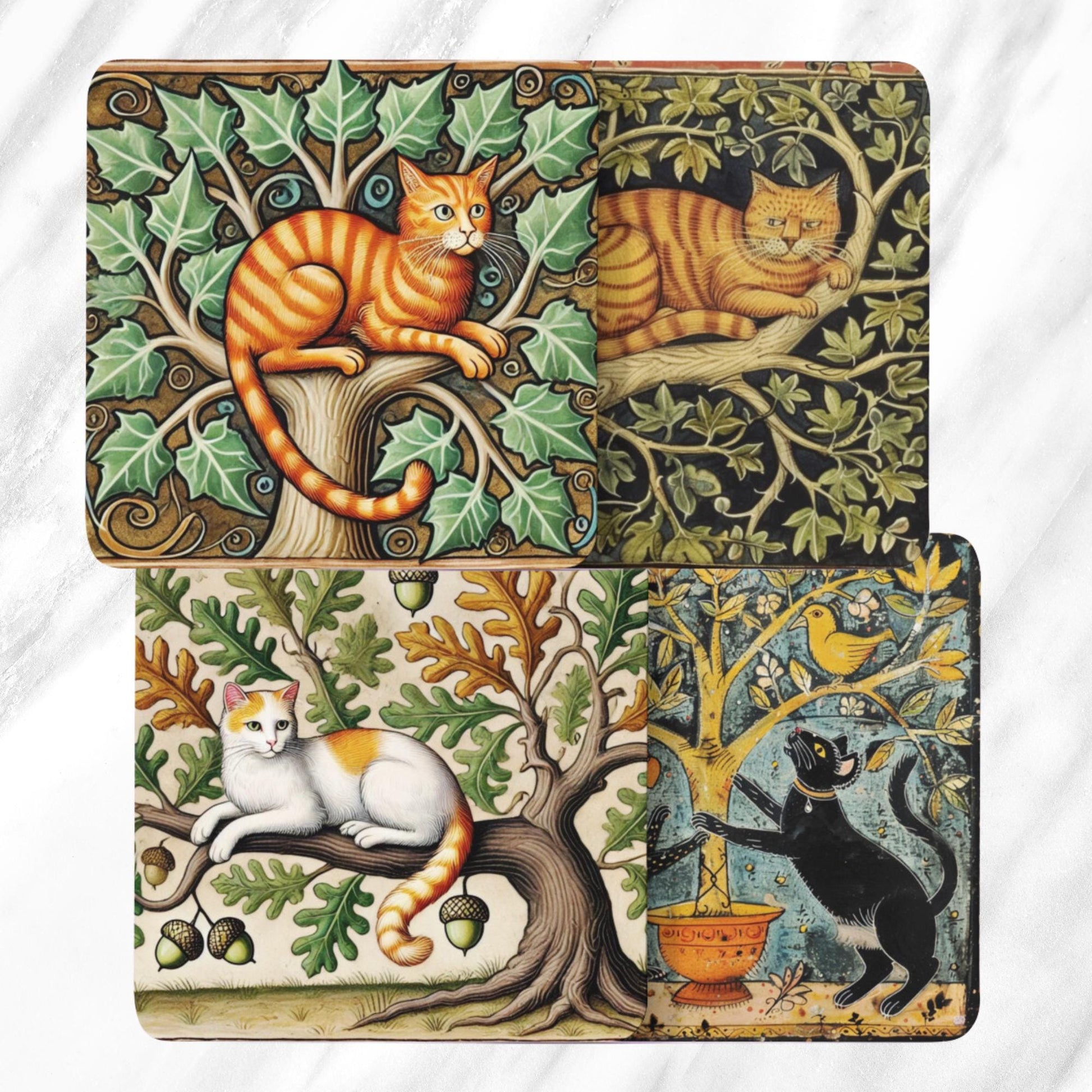 Primitive cats, illuminated manuscript. medieval marginalia, cats in trees, cat print, cats in oak tree, cat and bird