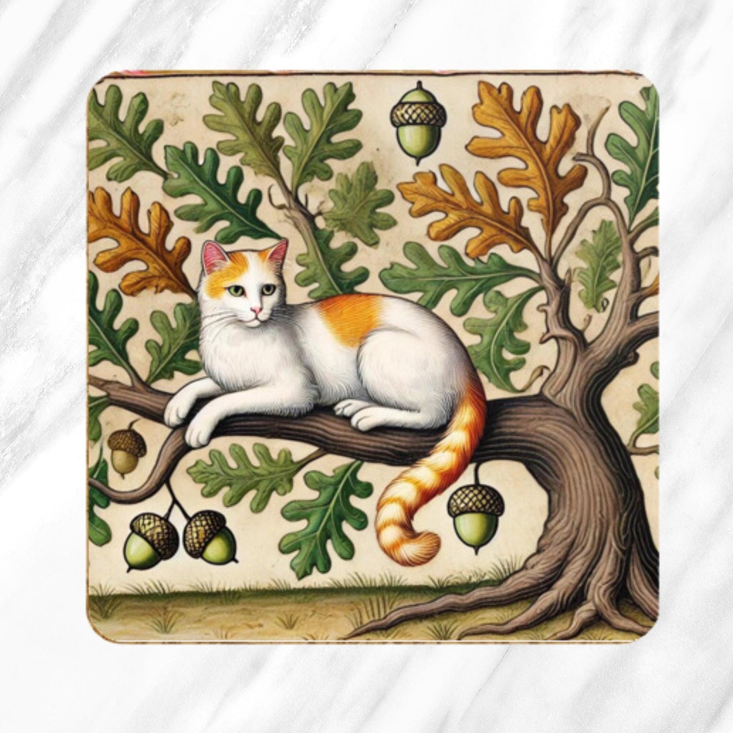 Four unique coasters with medieval-style cat illustrations, including a ginger cat in an oak tree, black cats under a tree with golden leaves, an orange tabby cat in an elm tree, and a calico cat among oak leaves and acorns
