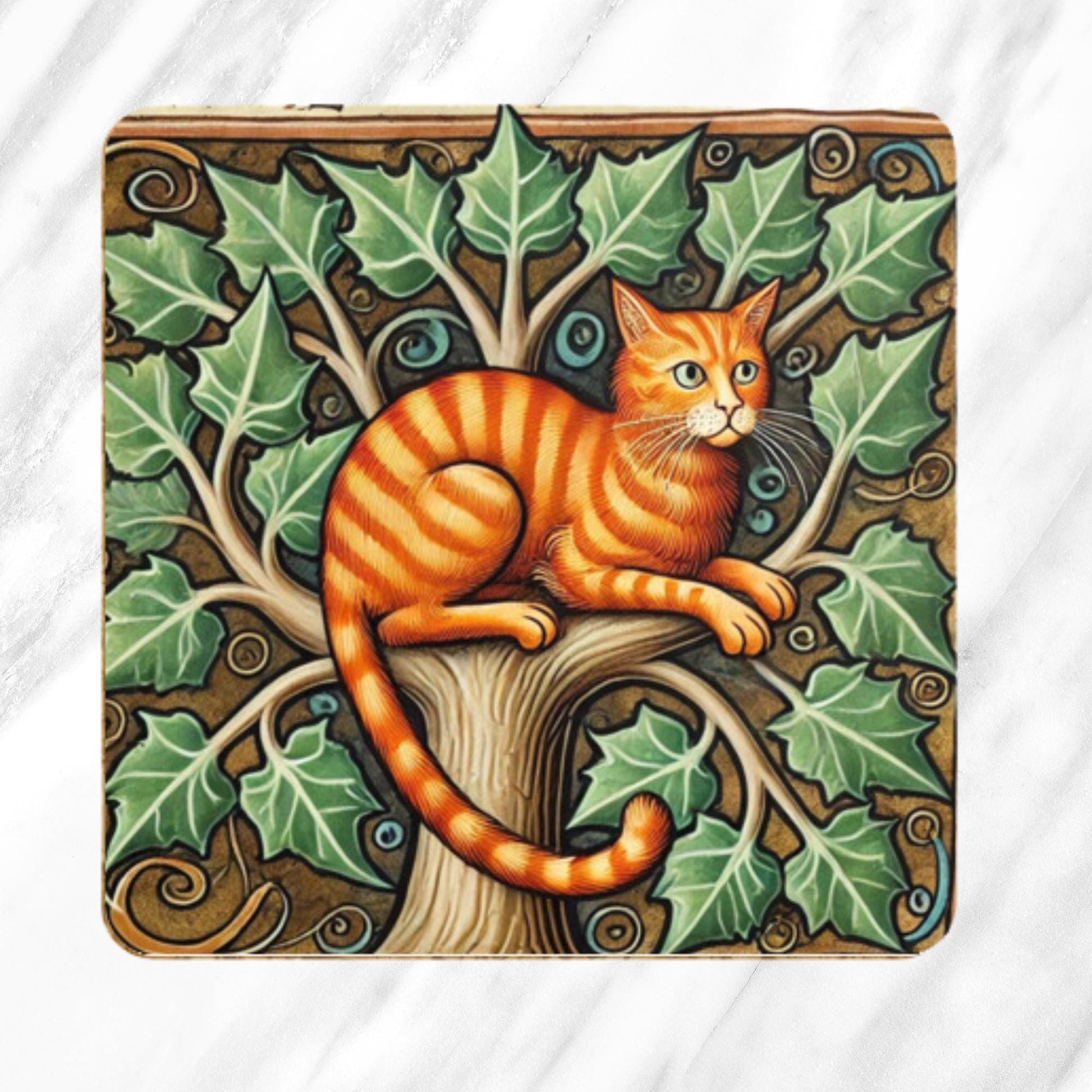 A collection of four vintage-style coasters depicting cats in trees, inspired by medieval art. Features detailed illustrations of a ginger cat, black cats, an orange tabby, and a calico cat surrounded by tree foliage and medieval motifs