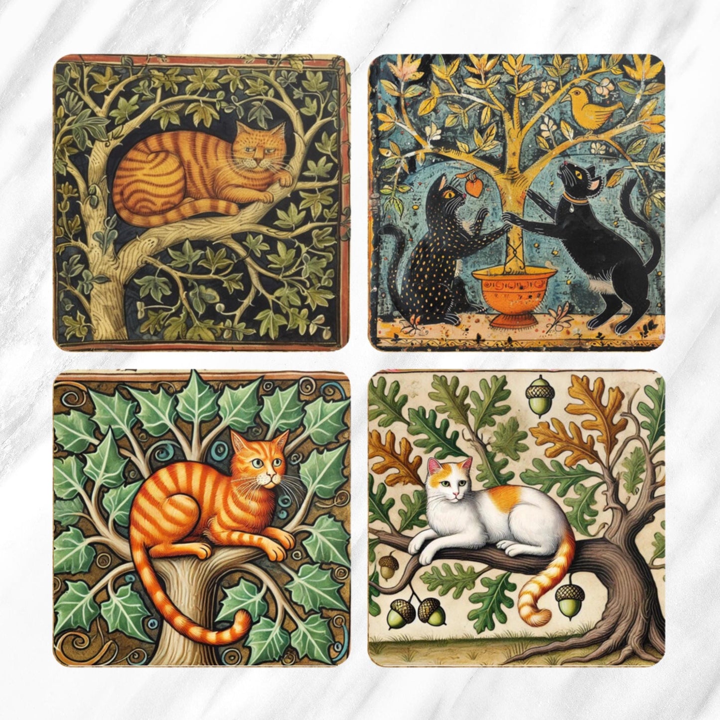 Medieval Cat Coasters, Illuminated Manuscript Art, Vintage Home Decor, Cat Lover Gifts, Medieval Art Style, Historical Art Coasters, Unique Gift Ideas, Whimsical Cat Coasters.