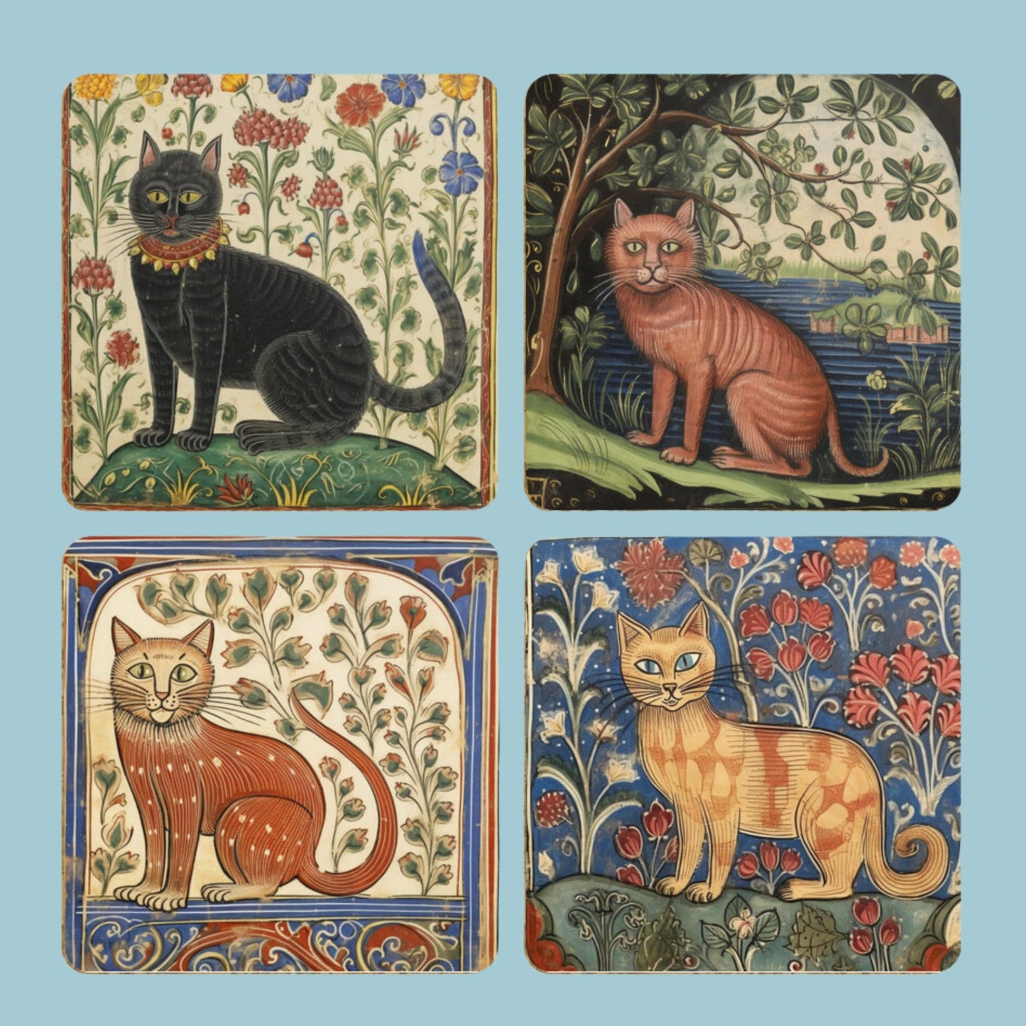 Medieval Cat Coasters, Illuminated Manuscript Art, Floral Cat Coasters, Vintage Home Decor