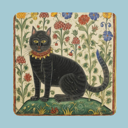 medieval marginalia of cats on set of four cat coasters. great cat lover birthday gift or for Christmas. Secret Santa Gift.
