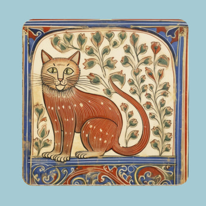 Four vintage-style coasters depicting cats with floral motifs, inspired by medieval art. Primitive art cat prints on drinks mats.
