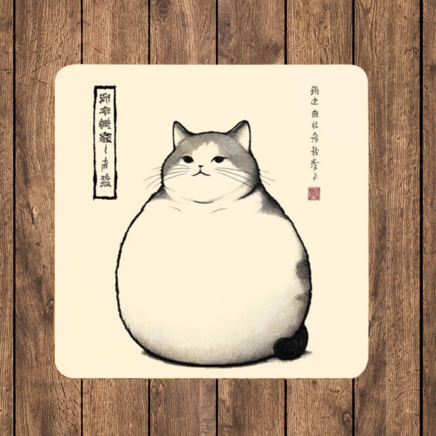 Four stylish coasters with a minimalist illustration of a fluffy and rotund cat, inspired by classic Japanese art aesthetics, perfect for cat lovers