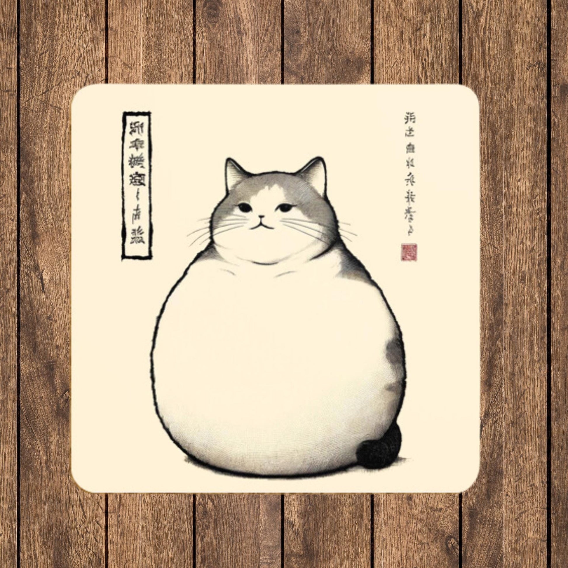 Four stylish coasters with a minimalist illustration of a fluffy and rotund cat, inspired by classic Japanese art aesthetics, perfect for cat lovers