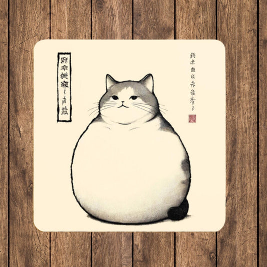 Four stylish coasters with a minimalist illustration of a fluffy and rotund cat, inspired by classic Japanese art aesthetics, perfect for cat lovers