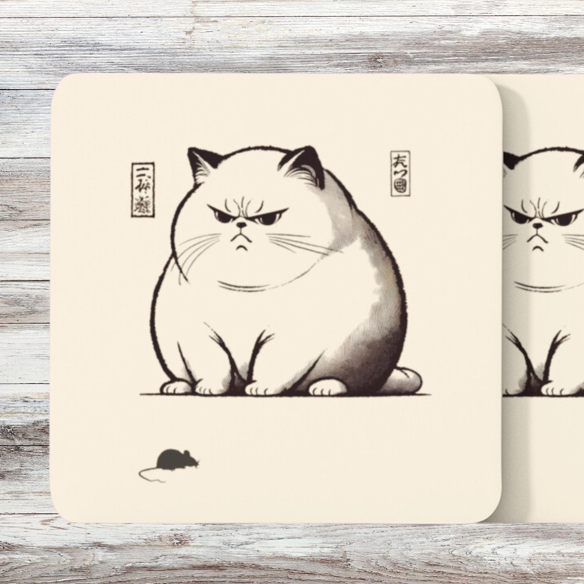 Decorative coasters set displaying a cartoonish, irritated cat inspired by traditional Japanese Ukiyo-e, paired with a mouse and calligraphy elements.