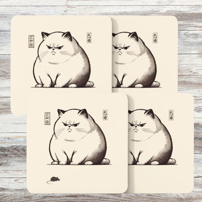 Matching coasters featuring a fat, angry cat with a displeased expression, drawn in a minimalist Japanese art style with a tiny mouse at its feet.