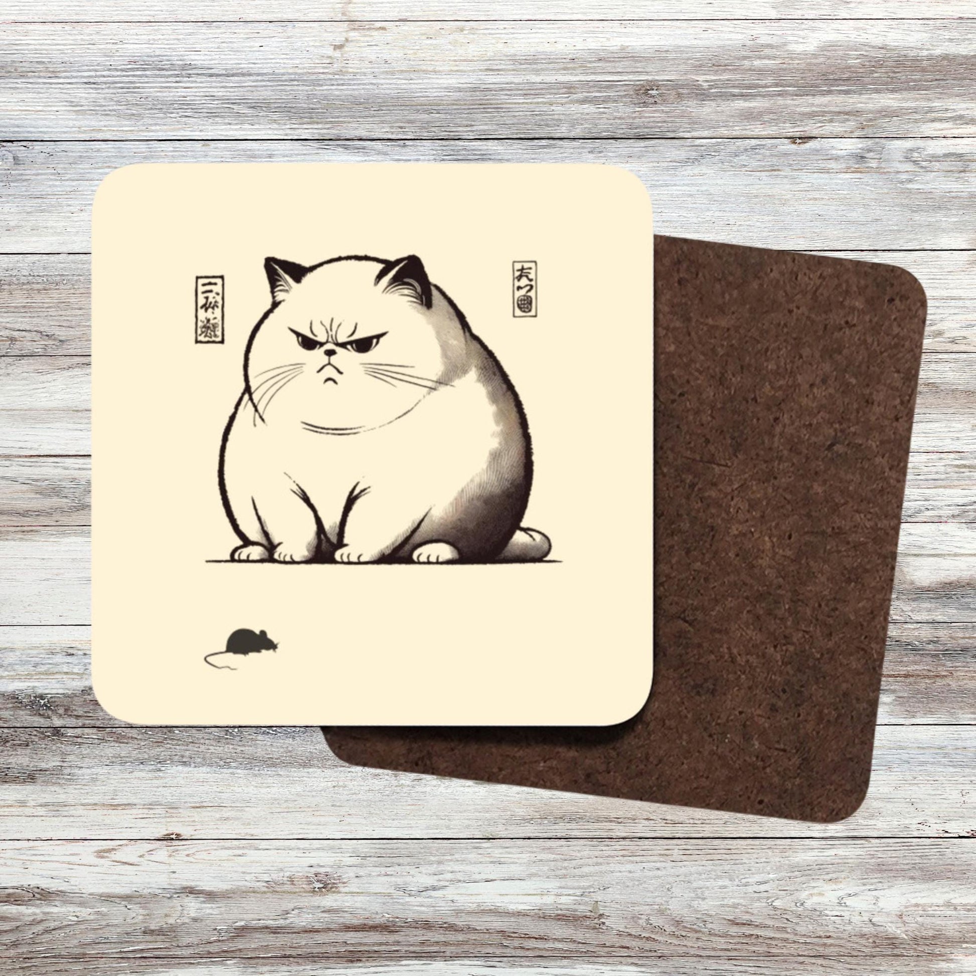 Four matching coasters showing an angry cat staring at a mouse, designed in a monochrome Japanese woodblock print style with subtle details.