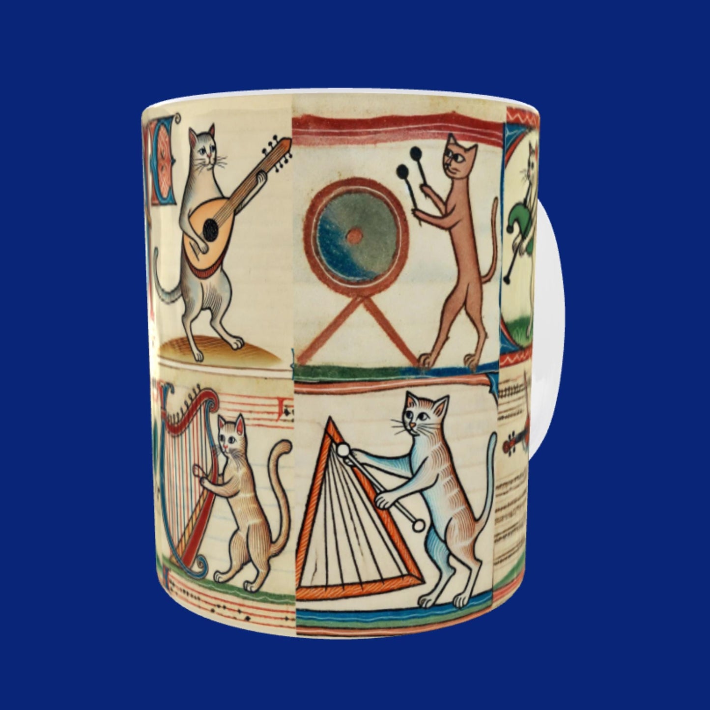 Cat mum birthday gift, Cat lovers medieval mug, cat-themed coffee cup, medieval manuscript art, cats playing instruments design, ceramic gift for cat lovers