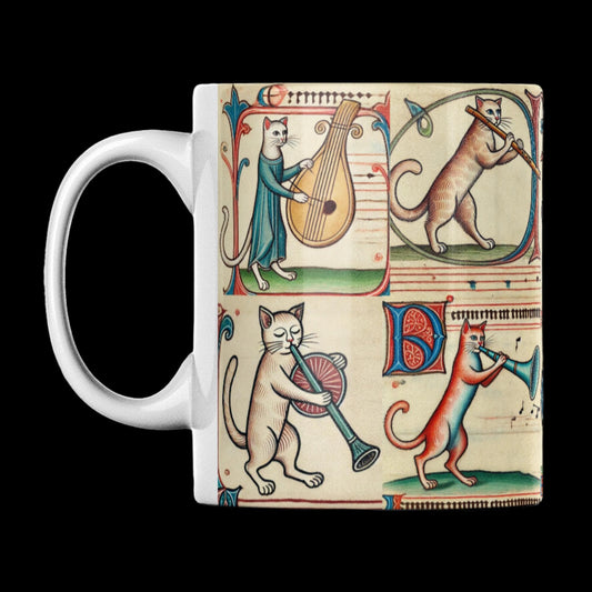 Medieval cats mug, cat musician mug, medieval-style coffee cup, quirky cat gifts, unique cat lover mug
