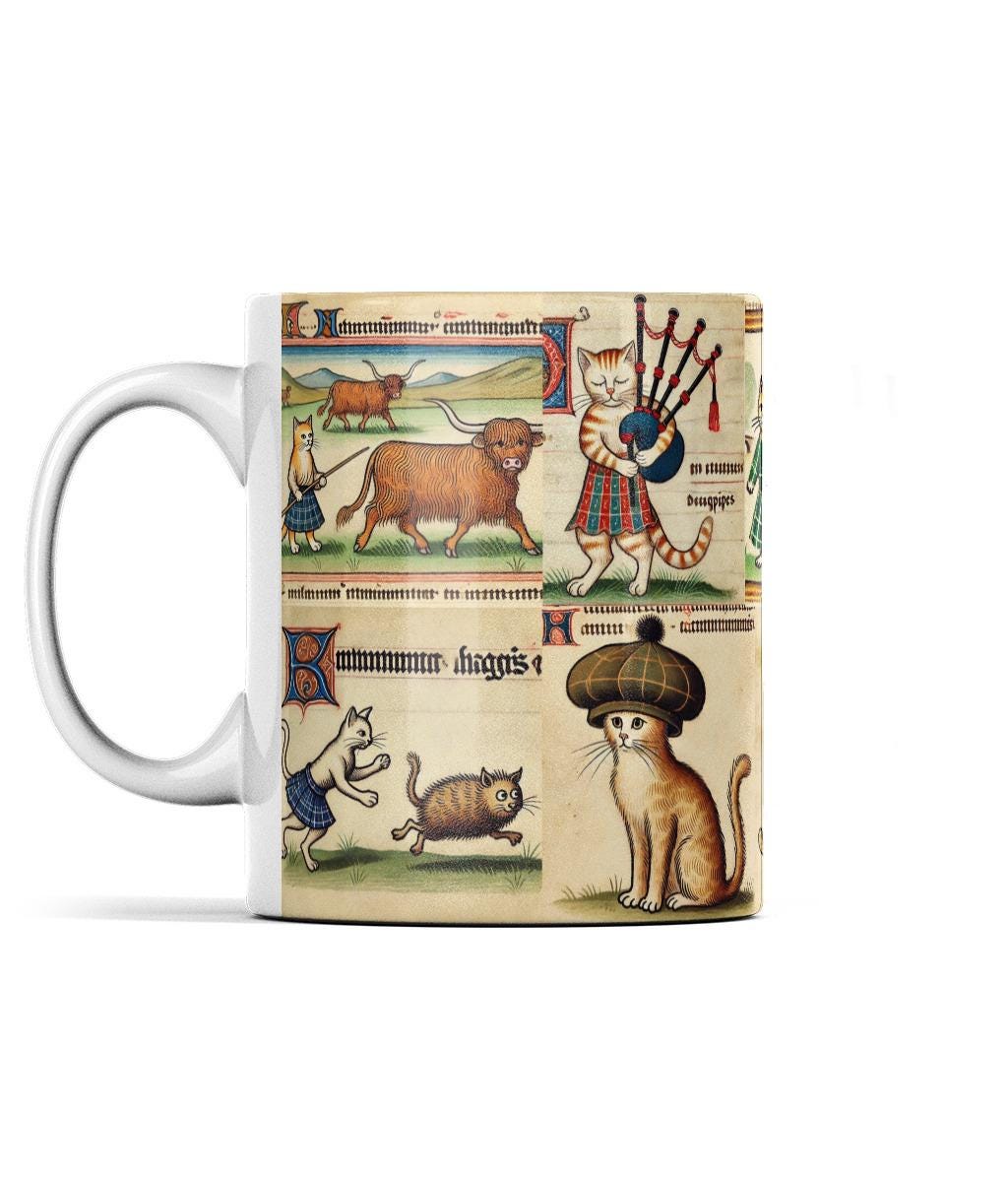 whimsical cat artwork, Loch Ness monster, cat art, medieval cat illustrations, Scottish themed gifts, cat lovers gifts, cat with haggis