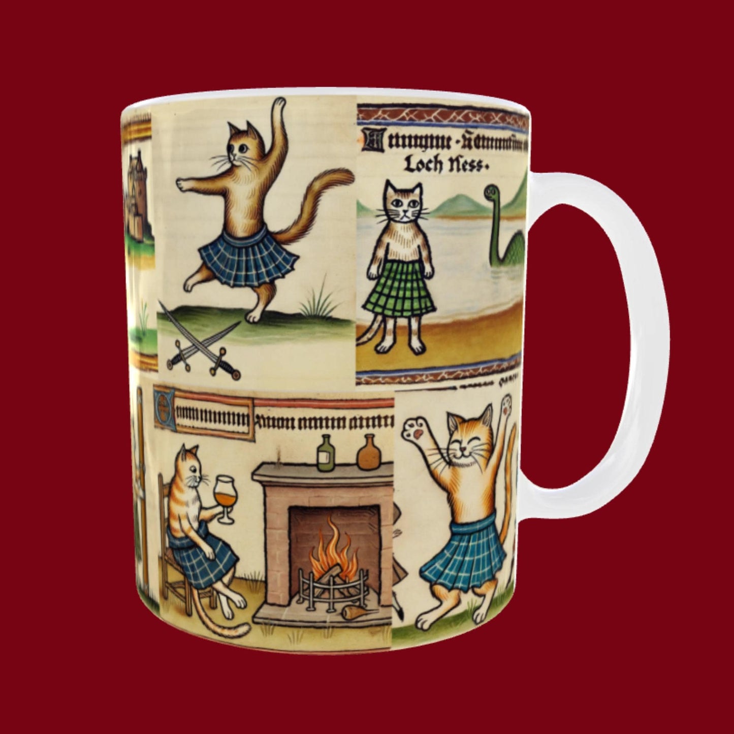 cats in Scottish attire, Loch Ness monster cat, Scottish cat paintings, medieval manuscript style prints, Scottish feline artwork