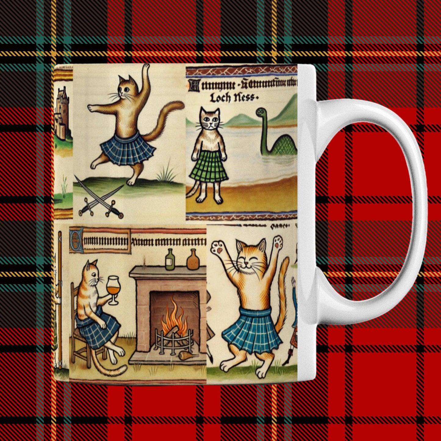 bagpipe playing cats, whisky drinking cat, cats in kilts, Scottish tradition art, cat-themed Scottish decor, Highland festival cats