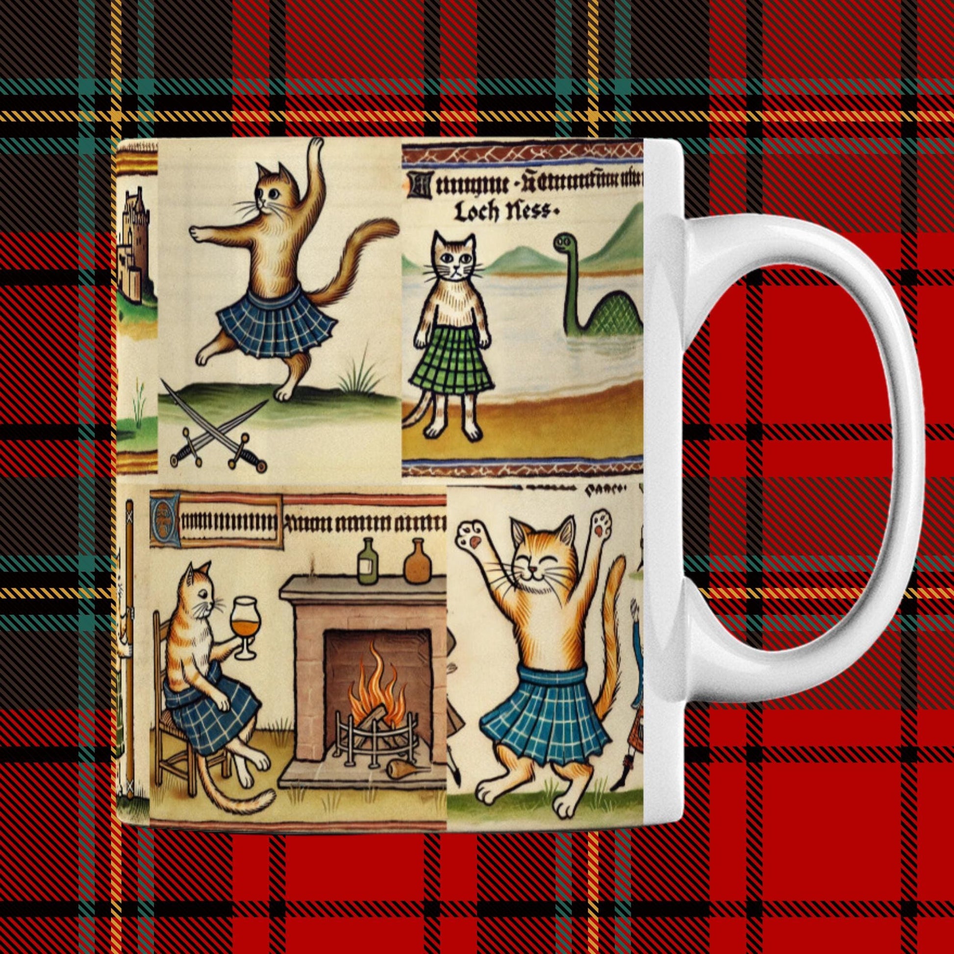 bagpipe playing cats, whisky drinking cat, cats in kilts, Scottish tradition art, cat-themed Scottish decor, Highland festival cats