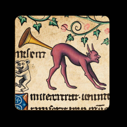 butt trumpet art, devilish coasters, medieval-style home decor, weird home accessories, comical medieval gifts