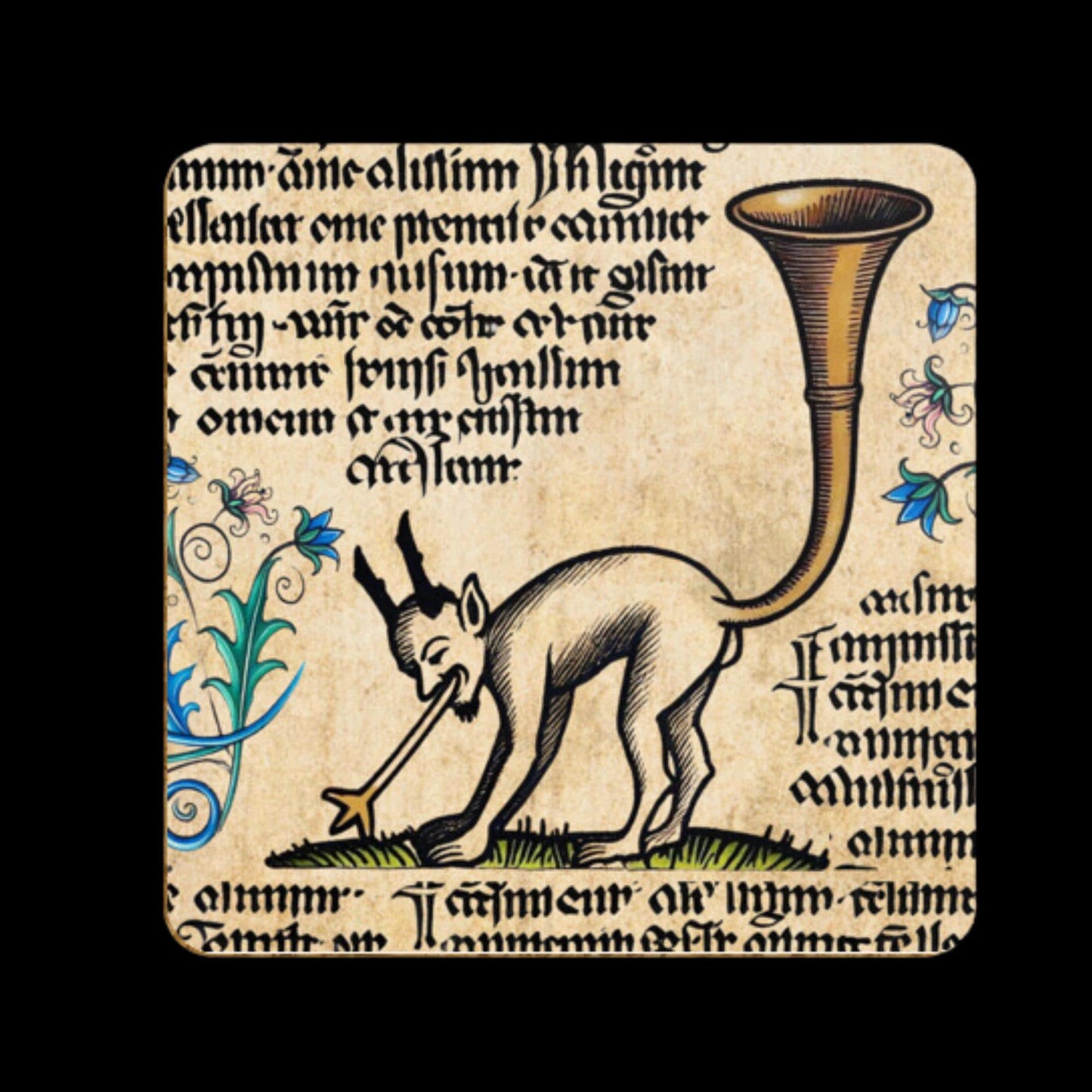medieval devil artwork, butt trumpet humour, historical grotesque designs, funny medieval decorations, whimsical coasters