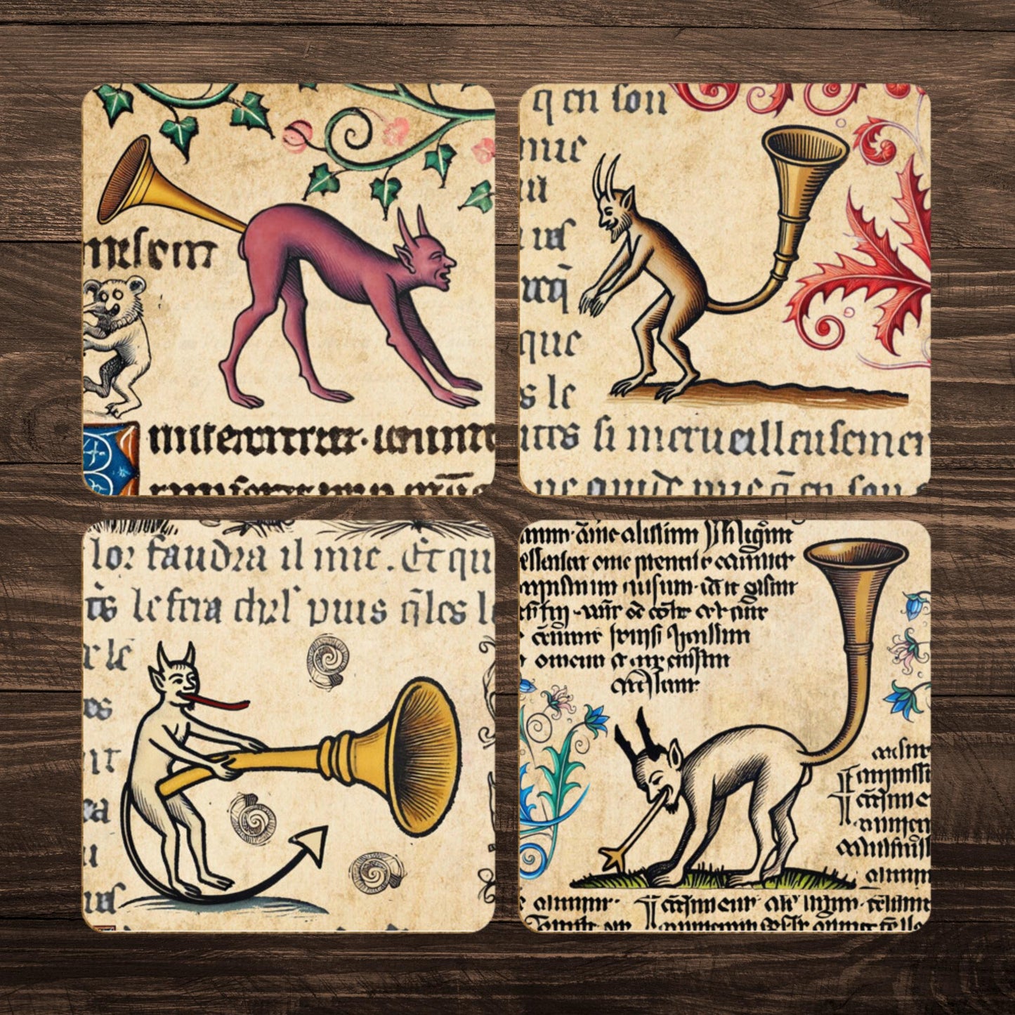 Pagan coasters, grotesque devil coasters, medieval text art, funny home accessories, historical humor gifts, medieval fantasy decor