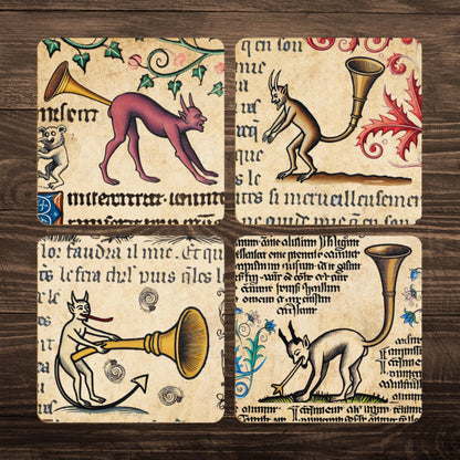 Pagan coasters, grotesque devil coasters, medieval text art, funny home accessories, historical humor gifts, medieval fantasy decor