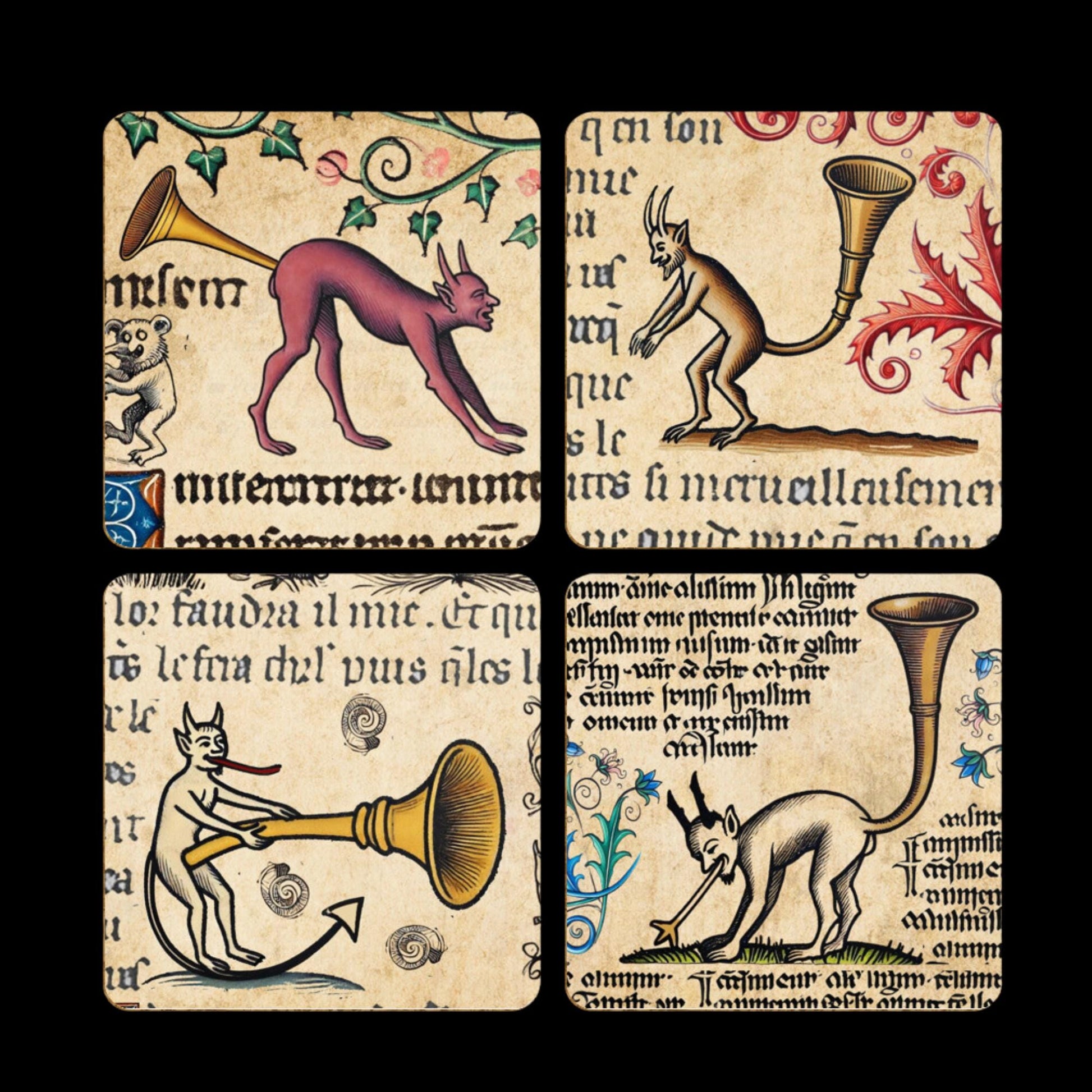 medieval humour coasters, occult gifts, pagan coasters, Devil worship, gothic home decor, bizarre medieval art, devilish humour, strange home decor gifts