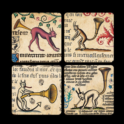 medieval humour coasters, occult gifts, pagan coasters, Devil worship, gothic home decor, bizarre medieval art, devilish humour, strange home decor gifts
