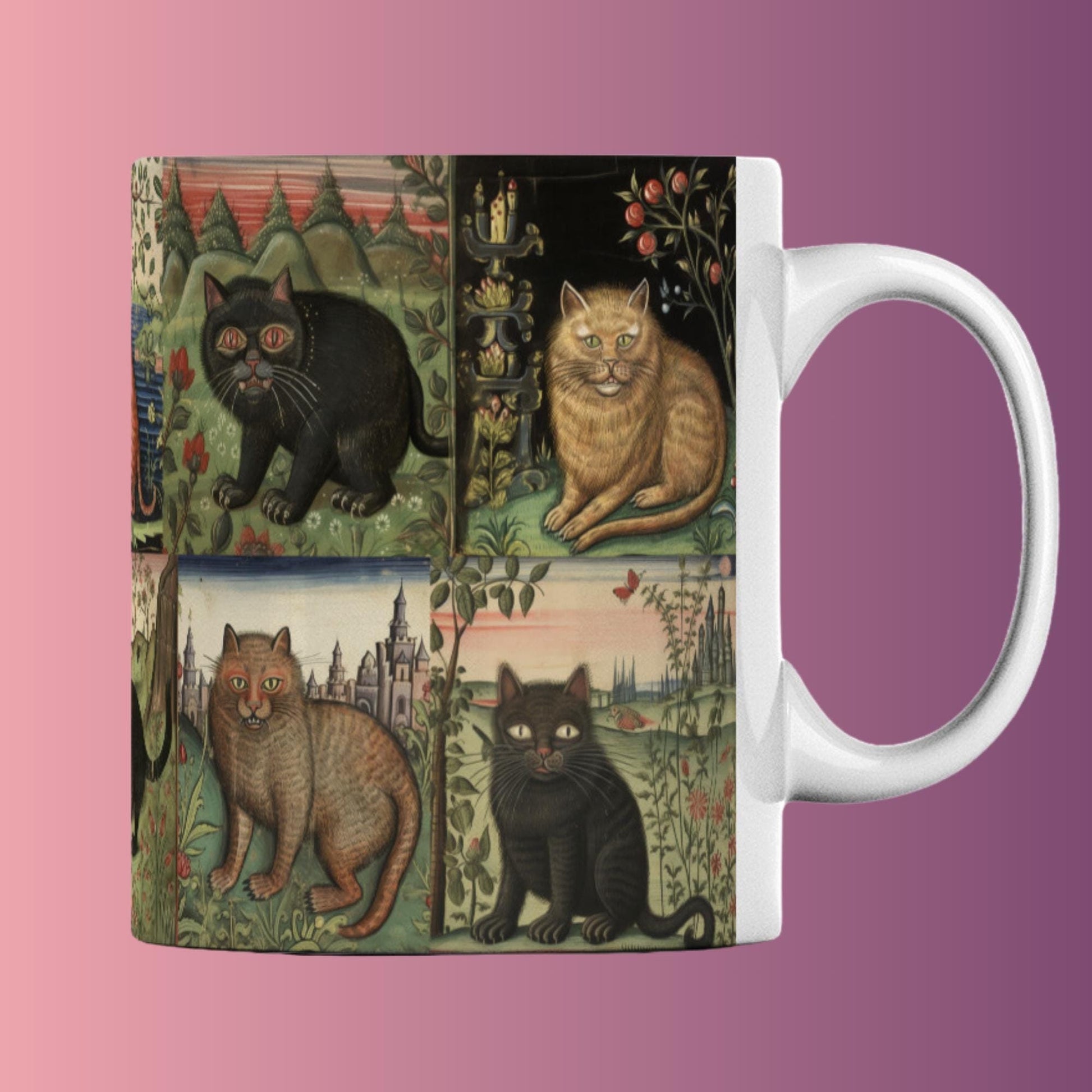 Medieval cat mug, quirky cat gift, unique Christmas present, cat lover birthday gift, medieval manuscript art