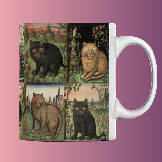 Medieval cat mug, quirky cat gift, unique Christmas present, cat lover birthday gift, medieval manuscript art